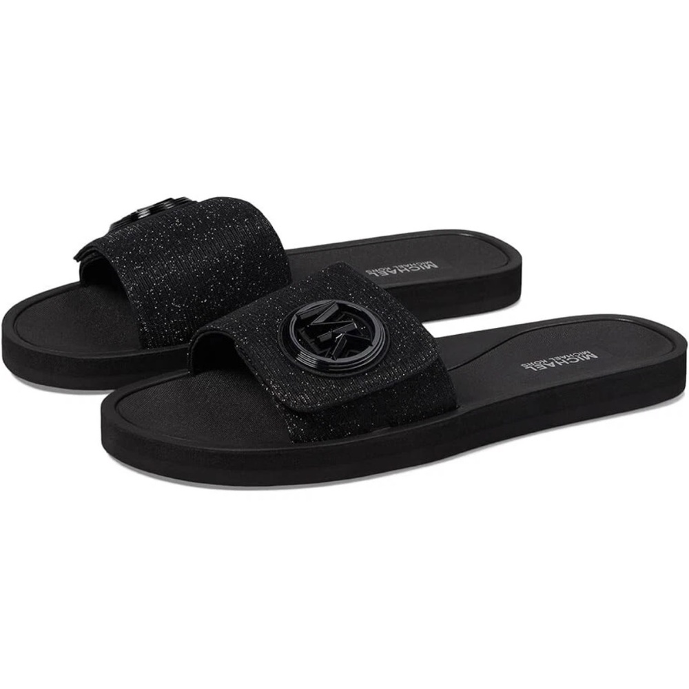 EUC Michael Kors Glitter Black Slides Velcro Closure Size 8 MK Charm  Branding - Picture 14 of 14